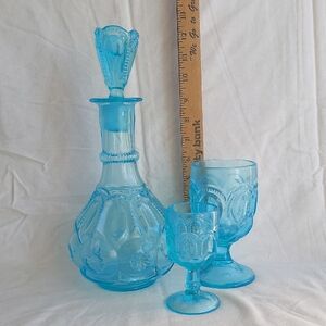Aqua Blue Glass Decanter and Goblet Set